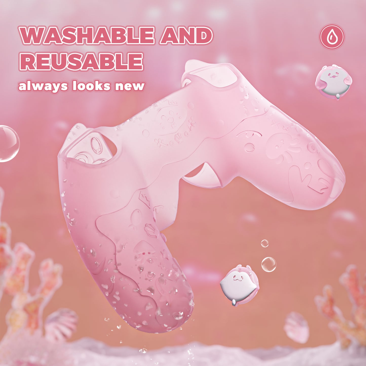 PlayVital キュート・オーシャンウィスパー シリーズ サムグリップ＆ステッカー付き 半透明シリコンカバー for PS5コントローラー 充電スタンド対応【ピーチピンク】