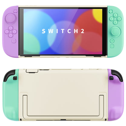 PlayVital Switch2対応 キュートな単色デザイン ハード保護ケース switch2背面キックスタンド使用可能ハードカバーケース 着装したままドック対応 キズ防止 耐衝撃 サムグリップ＆ボタンキャップ＆ステッカー付属【ライトパープル＆ライトグリーン】