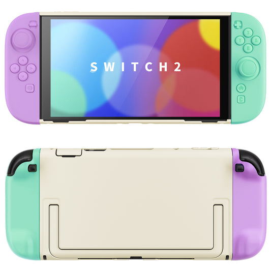 PlayVital Switch2対応 キュートな単色デザイン ハード保護ケース switch2背面キックスタンド使用可能ハードカバーケース 着装したままドック対応 キズ防止 耐衝撃 サムグリップ＆ボタンキャップ＆ステッカー付属【ライトパープル＆ライトグリーン】
