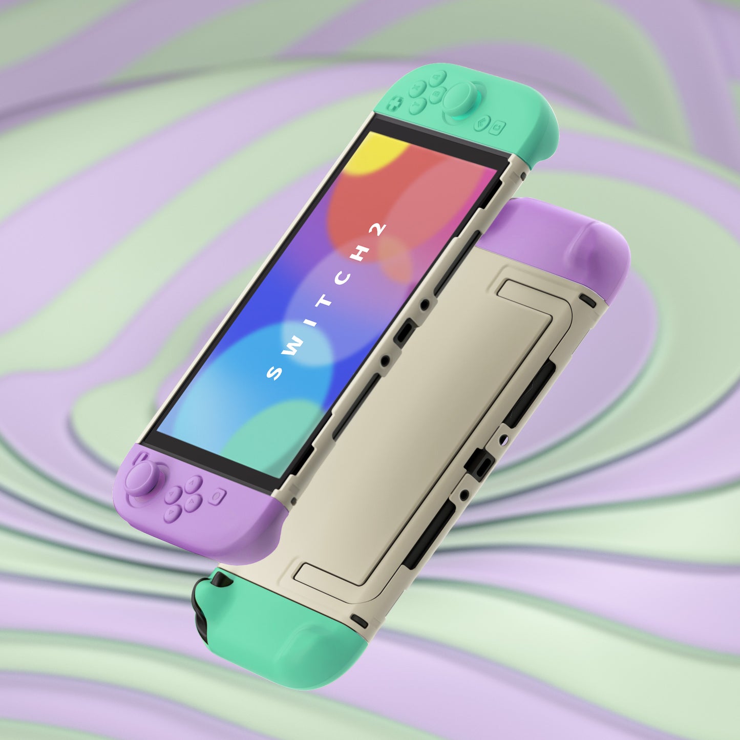 PlayVital Switch2対応 キュートな単色デザイン ハード保護ケース switch2背面キックスタンド使用可能ハードカバーケース 着装したままドック対応 キズ防止 耐衝撃 サムグリップ＆ボタンキャップ＆ステッカー付属【ライトパープル＆ライトグリーン】