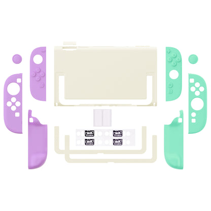 PlayVital Switch2対応 キュートな単色デザイン ハード保護ケース switch2背面キックスタンド使用可能ハードカバーケース 着装したままドック対応 キズ防止 耐衝撃 サムグリップ＆ボタンキャップ＆ステッカー付属【ライトパープル＆ライトグリーン】