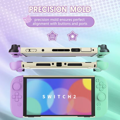 PlayVital Switch2対応 キュートな単色デザイン ハード保護ケース switch2背面キックスタンド使用可能ハードカバーケース 着装したままドック対応 キズ防止 耐衝撃 サムグリップ＆ボタンキャップ＆ステッカー付属【ライトパープル＆ライトグリーン】
