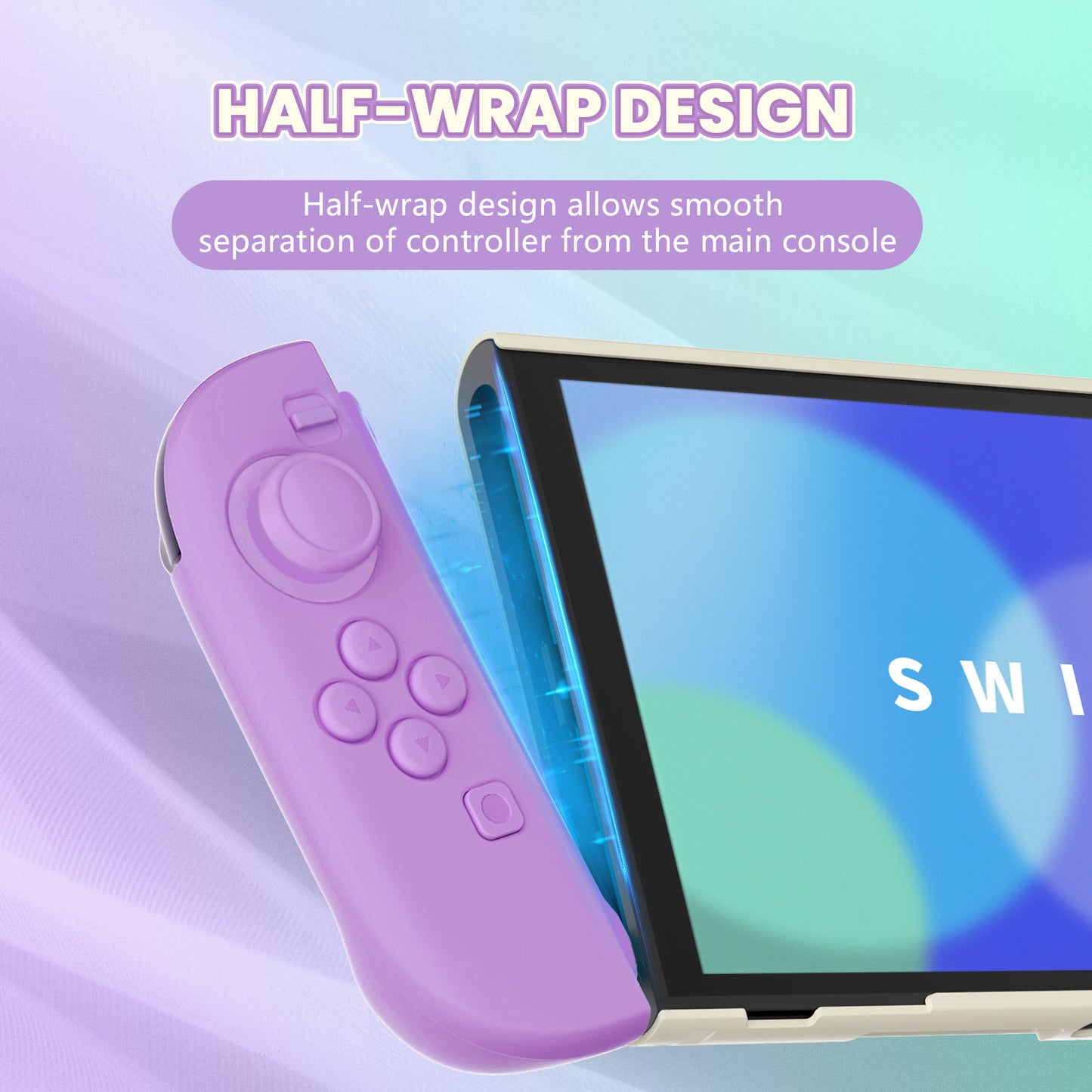 PlayVital Switch2対応 キュートな単色デザイン ハード保護ケース switch2背面キックスタンド使用可能ハードカバーケース 着装したままドック対応 キズ防止 耐衝撃 サムグリップ＆ボタンキャップ＆ステッカー付属【ライトパープル＆ライトグリーン】