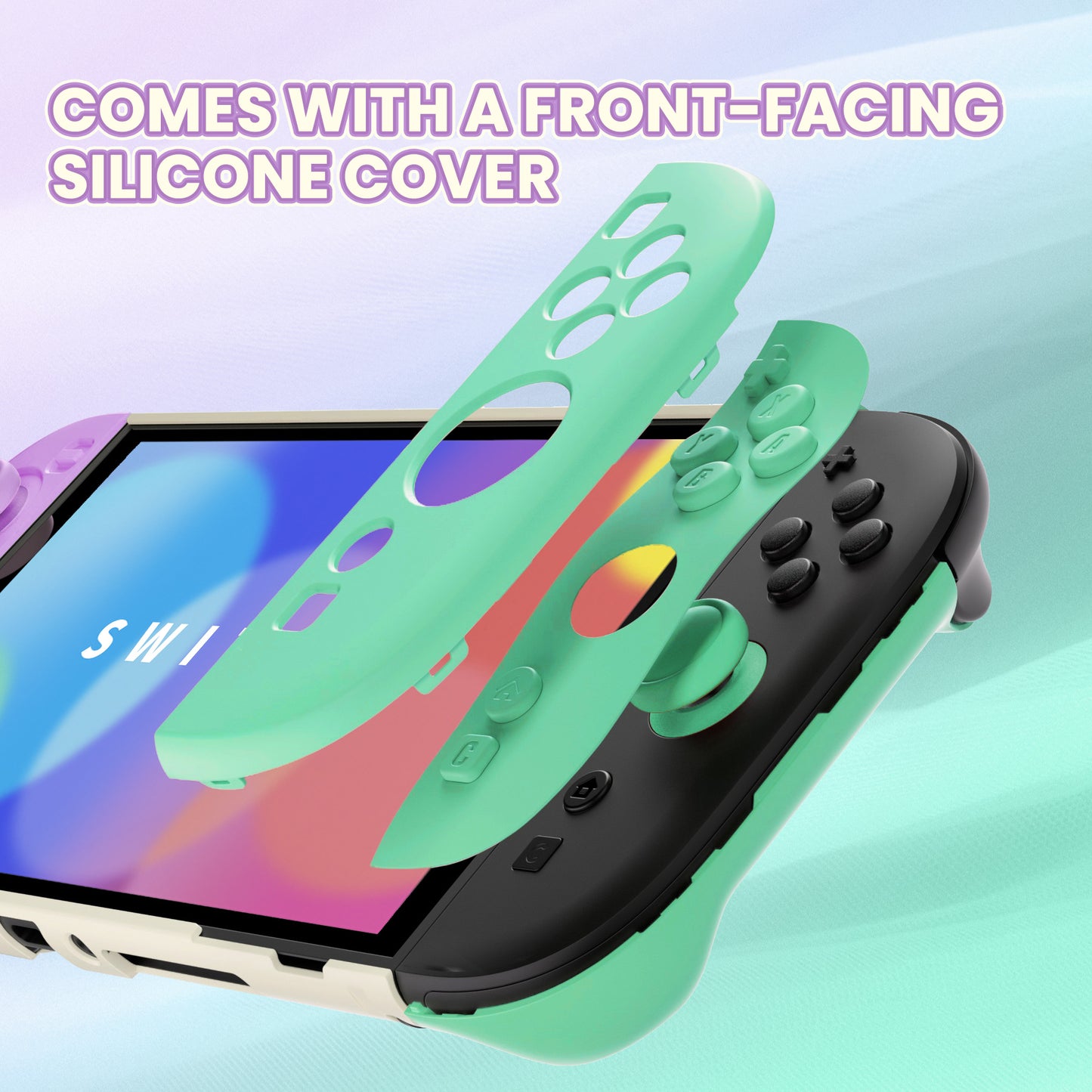 PlayVital Switch2対応 キュートな単色デザイン ハード保護ケース switch2背面キックスタンド使用可能ハードカバーケース 着装したままドック対応 キズ防止 耐衝撃 サムグリップ＆ボタンキャップ＆ステッカー付属【ライトパープル＆ライトグリーン】