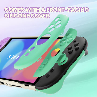 PlayVital Switch2対応 キュートな単色デザイン ハード保護ケース switch2背面キックスタンド使用可能ハードカバーケース 着装したままドック対応 キズ防止 耐衝撃 サムグリップ＆ボタンキャップ＆ステッカー付属【ライトパープル＆ライトグリーン】