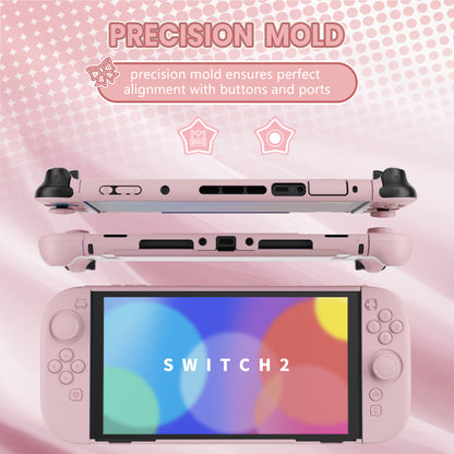 PlayVital Switch2対応 キュートな単色デザイン ハード保護ケース switch2背面キックスタンド使用可能ハードカバーケース 着装したままドック対応 キズ防止 耐衝撃 サムグリップ＆ボタンキャップ＆ステッカー付属【ピンク】