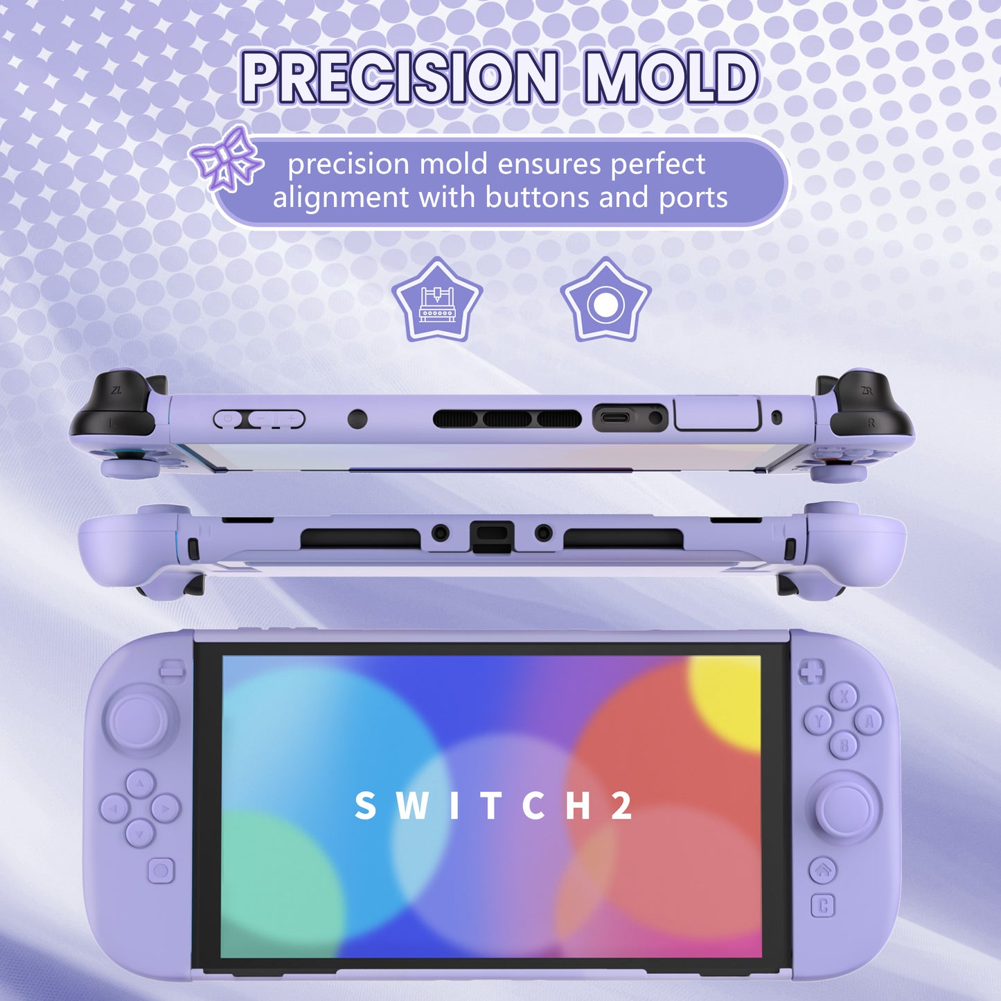 PlayVital Switch2対応 キュートな単色デザイン ハード保護ケース switch2背面キックスタンド使用可能ハードカバーケース 着装したままドック対応 キズ防止 耐衝撃 サムグリップ＆ボタンキャップ＆ステッカー付属【ライトパープル】