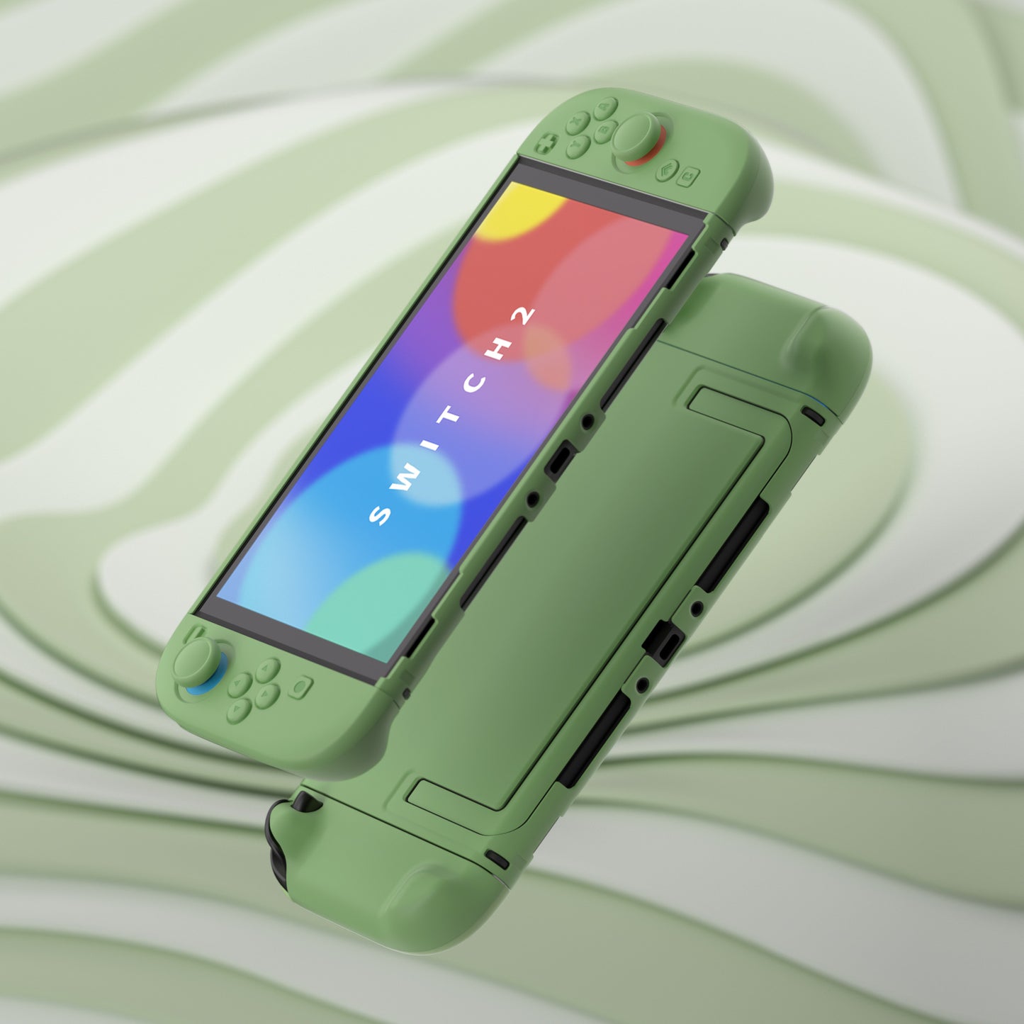 PlayVital Switch2対応 キュートな単色デザイン ハード保護ケース switch2背面キックスタンド使用可能ハードカバーケース 着装したままドック対応 キズ防止 耐衝撃 サムグリップ＆ボタンキャップ＆ステッカー付属【抹茶グリーン】