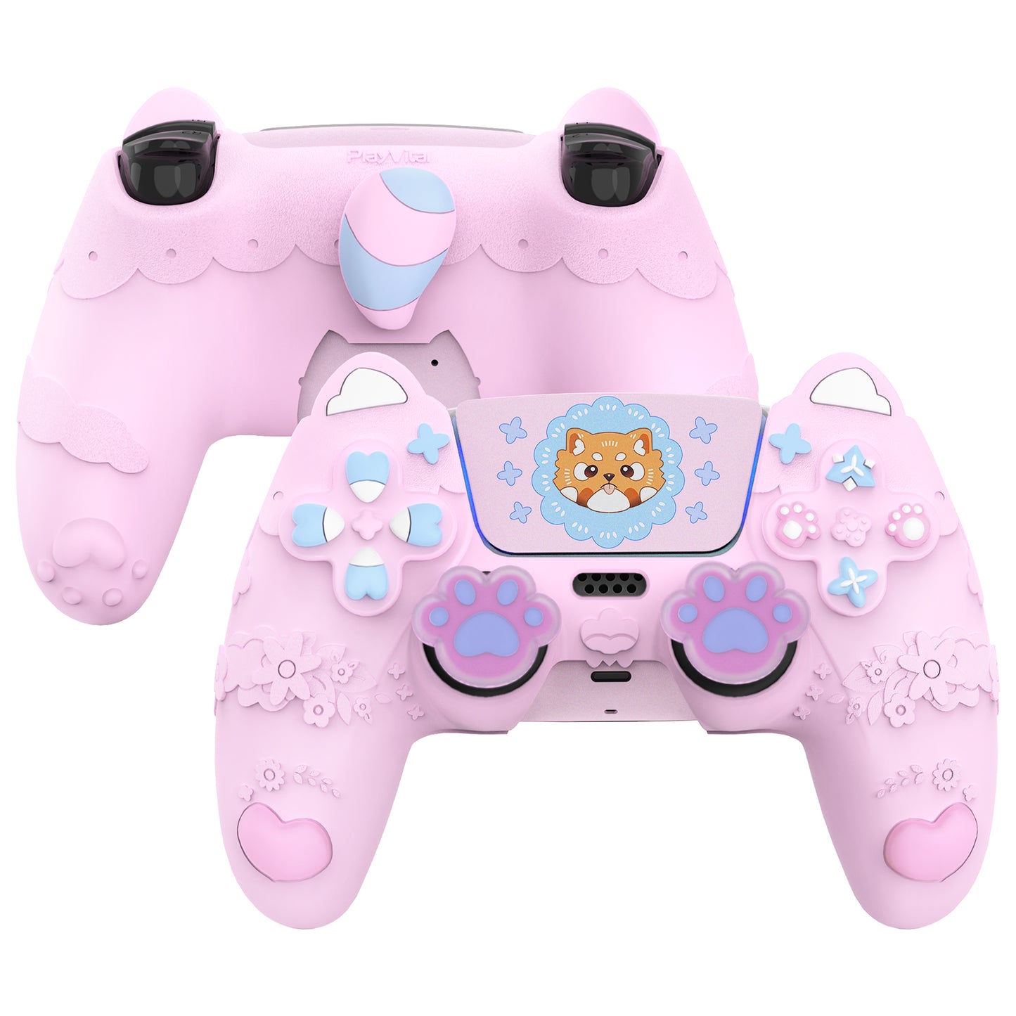 PlayVital かわいい春のレッサーパンダ シリコンカバー（ジョイスティックキャップ＆ステッカー付き）PS5 コントローラー用 – 充電スタンド対応【コットンキャンディピンク】