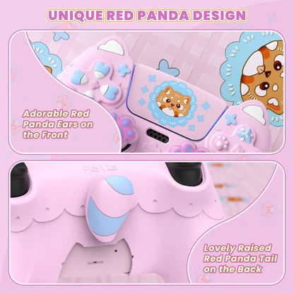 PlayVital かわいい春のレッサーパンダ シリコンカバー（ジョイスティックキャップ＆ステッカー付き）PS5 コントローラー用 – 充電スタンド対応【コットンキャンディピンク】