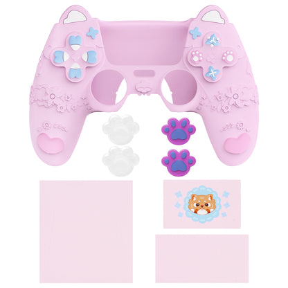 PlayVital かわいい春のレッサーパンダ シリコンカバー（ジョイスティックキャップ＆ステッカー付き）PS5 コントローラー用 – 充電スタンド対応【コットンキャンディピンク】