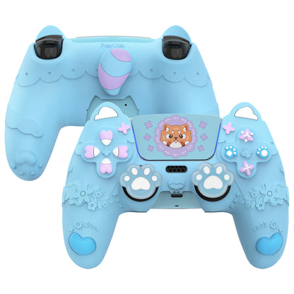 PlayVital かわいい春のレッサーパンダ シリコンカバー（ジョイスティックキャップ＆ステッカー付き）PS5 コントローラー用 – 充電スタンド対応【ヘブンブルー】