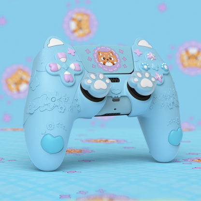 PlayVital かわいい春のレッサーパンダ シリコンカバー（ジョイスティックキャップ＆ステッカー付き）PS5 コントローラー用 – 充電スタンド対応【ヘブンブルー】