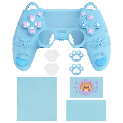 PlayVital かわいい春のレッサーパンダ シリコンカバー（ジョイスティックキャップ＆ステッカー付き）PS5 コントローラー用 – 充電スタンド対応【ヘブンブルー】