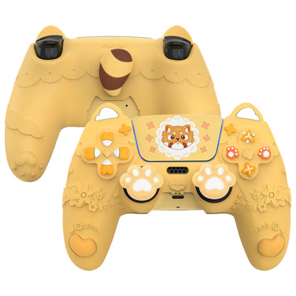 PlayVital かわいい春のレッサーパンダ シリコンカバー（ジョイスティックキャップ＆ステッカー付き）PS5 コントローラー用 – 充電スタンド対応【ウォームイエロー】
