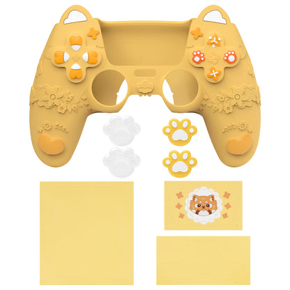 PlayVital かわいい春のレッサーパンダ シリコンカバー（ジョイスティックキャップ＆ステッカー付き）PS5 コントローラー用 – 充電スタンド対応【ウォームイエロー】