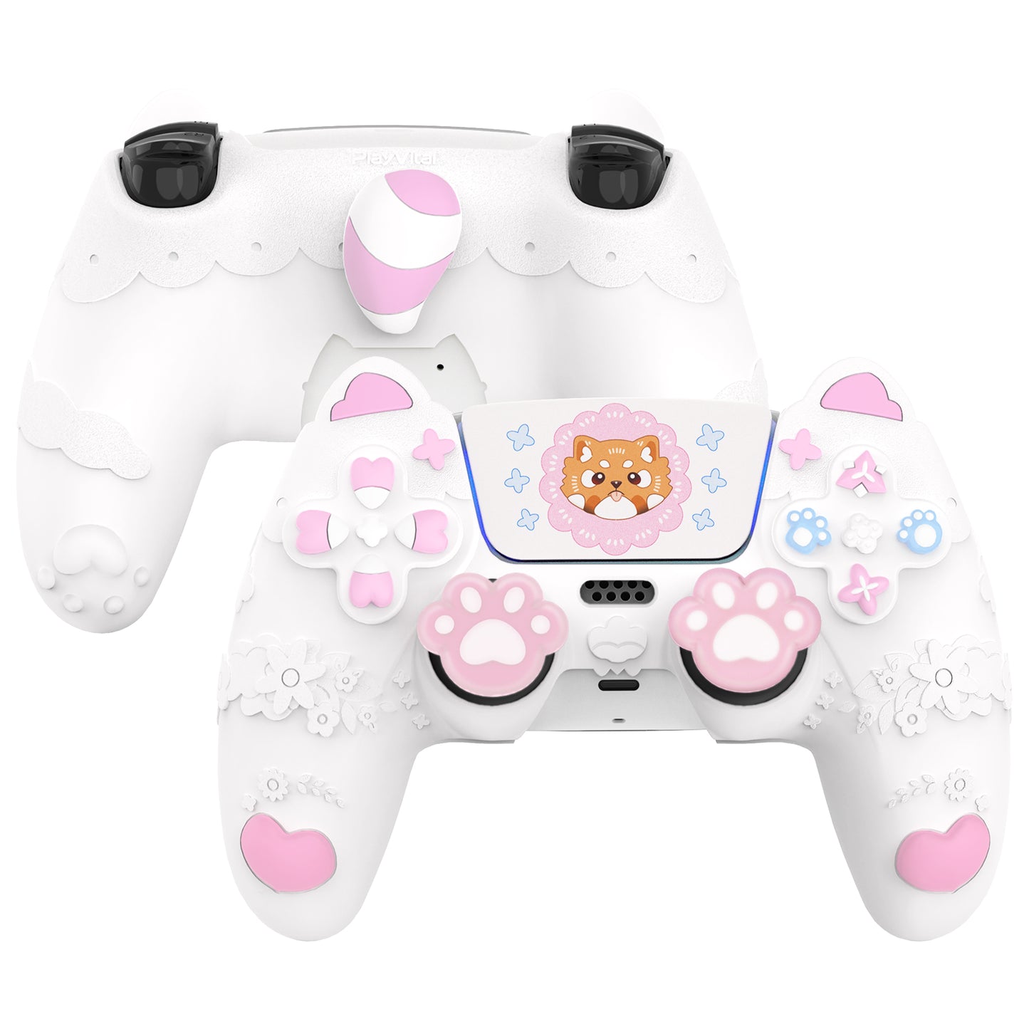 PlayVital かわいい春のレッサーパンダ シリコンカバー（ジョイスティックキャップ＆ステッカー付き）PS5 コントローラー用 – 充電スタンド対応【ホワイト】