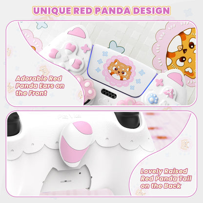 PlayVital かわいい春のレッサーパンダ シリコンカバー（ジョイスティックキャップ＆ステッカー付き）PS5 コントローラー用 – 充電スタンド対応【ホワイト】