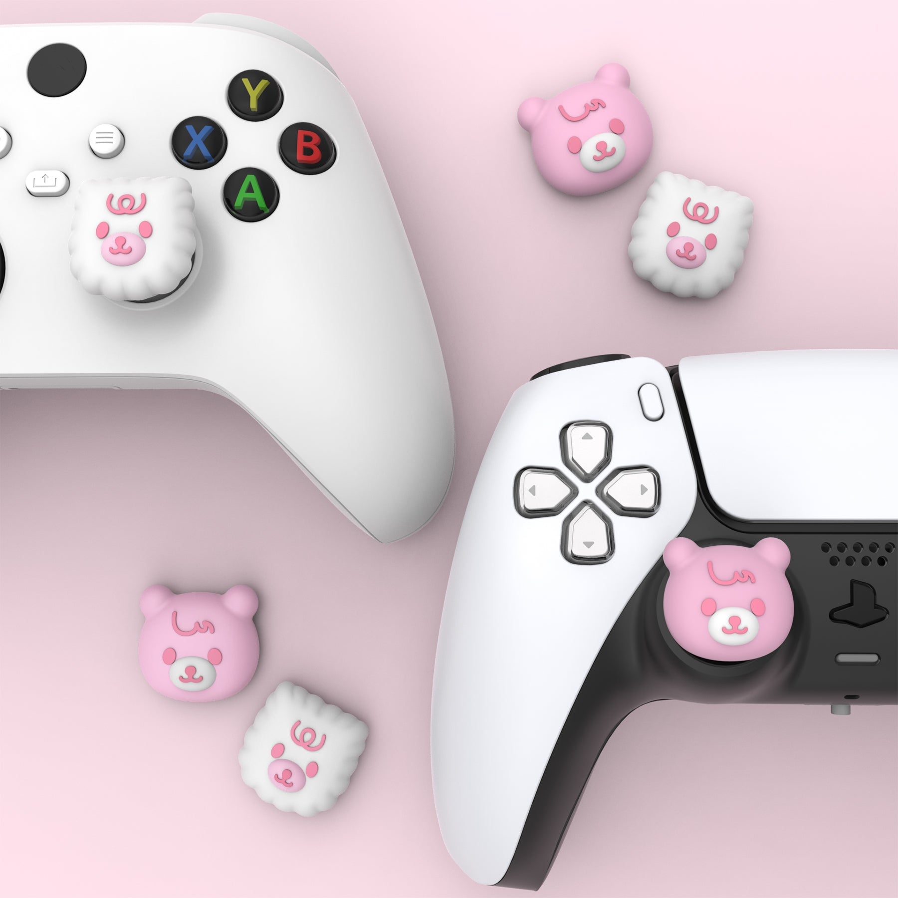 PlayVital Cute Thumb Grip Caps for PS5 & PS4 & Xbox Series X/S & Switch Pro Controller - Cute Bear White & Pink - PJM3046 PlayVital