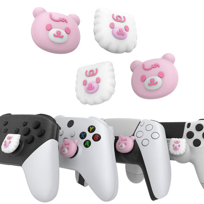 PlayVital Cute Thumb Grip Caps for PS5 & PS4 & Xbox Series X/S & Switch Pro Controller - Cute Bear White & Pink - PJM3046 PlayVital