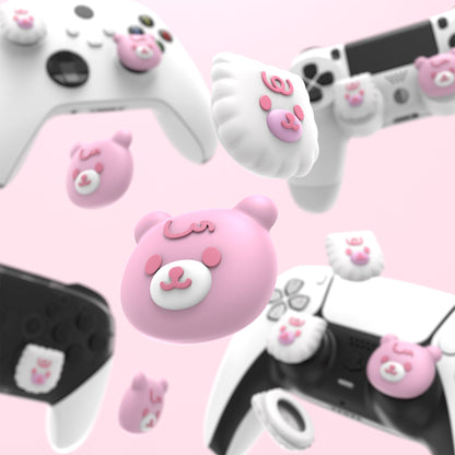 PlayVital Cute Thumb Grip Caps for PS5 & PS4 & Xbox Series X/S & Switch Pro Controller - Cute Bear White & Pink - PJM3046 PlayVital