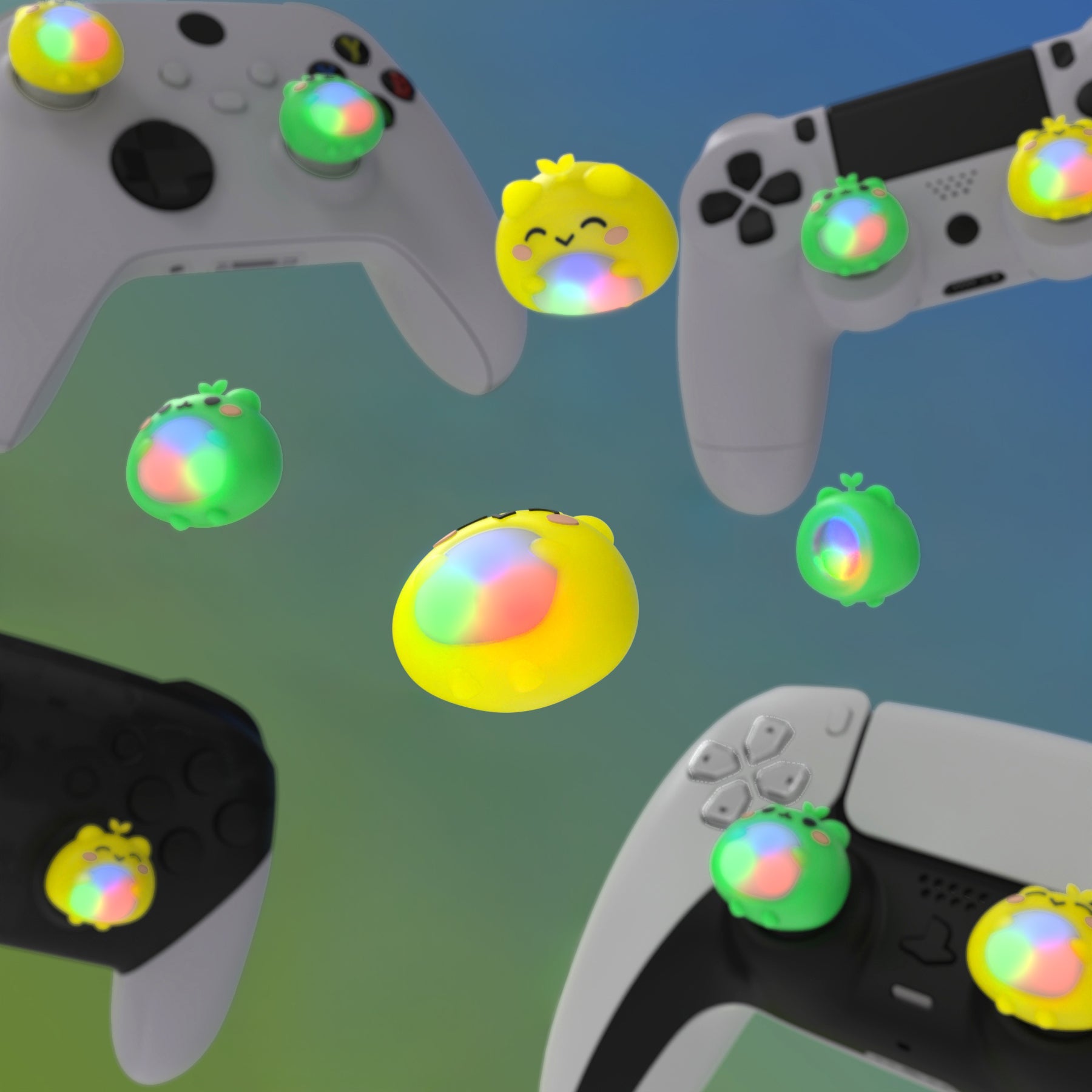 PlayVital Cute Universal Illuminated LED Thumbstick Grips for ps5 & ps4 & Xbox Series X/S & Xbox One & Switch Pro Controller - Frog Green & Yellow - PJM6001 PlayVital