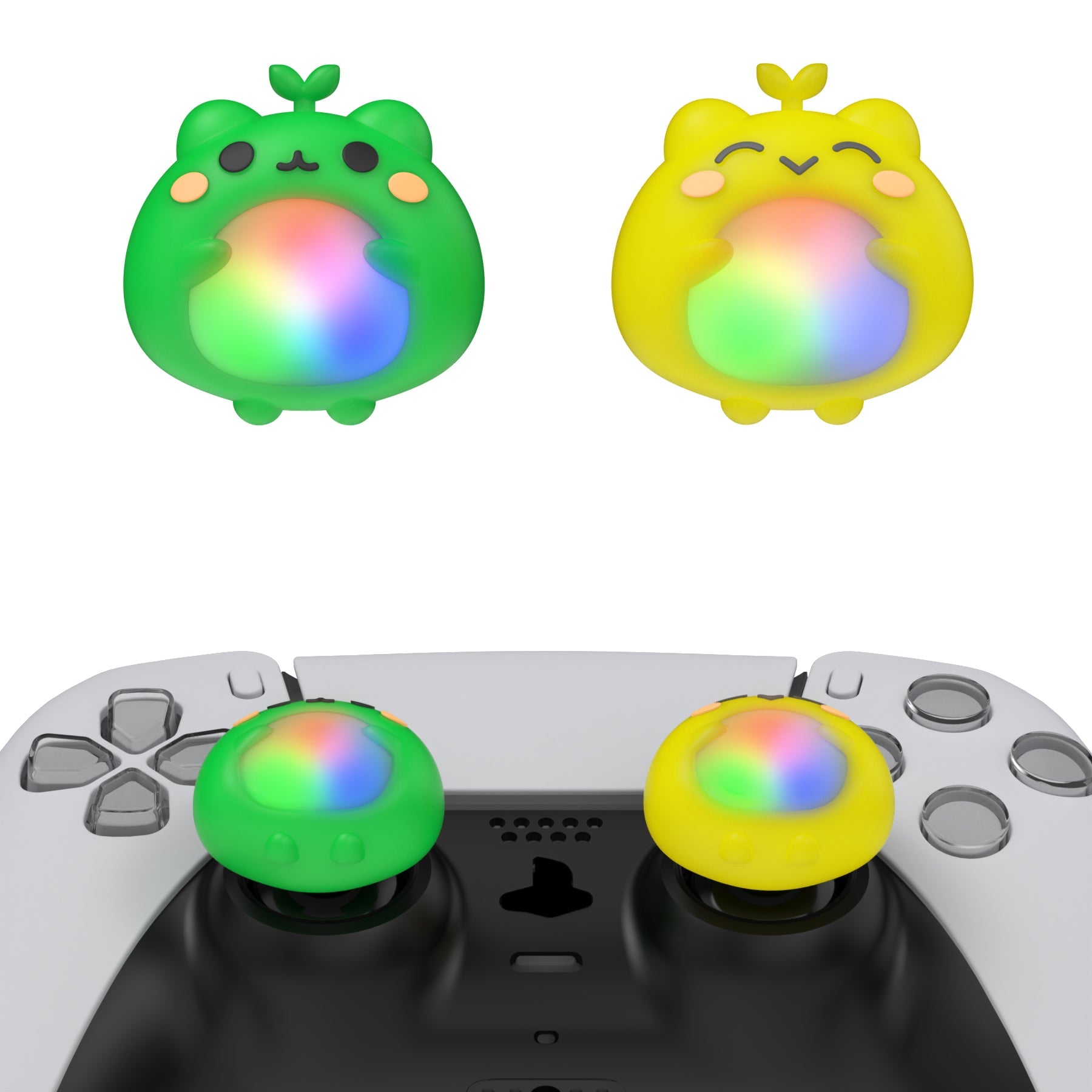 PlayVital Cute Universal Illuminated LED Thumbstick Grips for ps5 & ps4 & Xbox Series X/S & Xbox One & Switch Pro Controller - Frog Green & Yellow - PJM6001 PlayVital