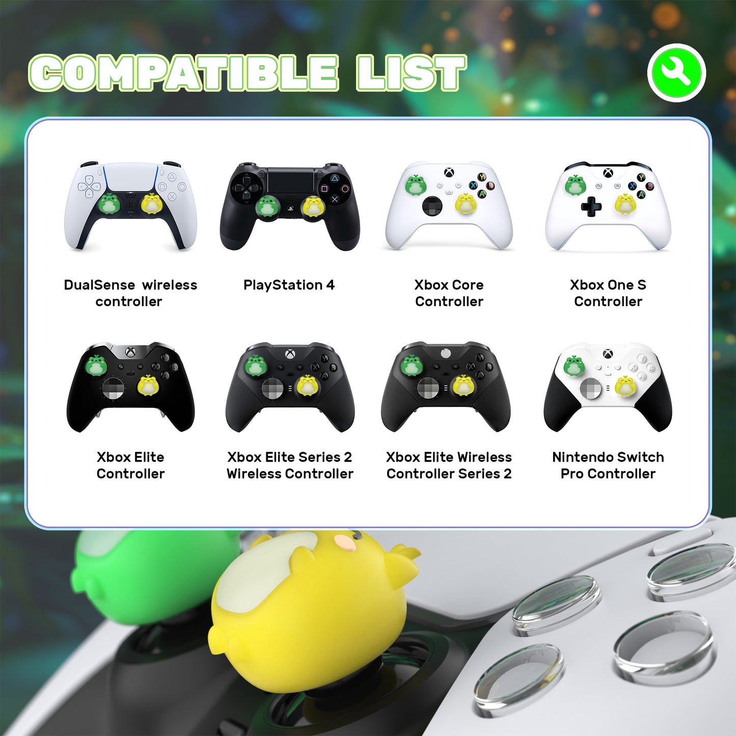 PlayVital Cute Universal Illuminated LED Thumbstick Grips for ps5 & ps4 & Xbox Series X/S & Xbox One & Switch Pro Controller - Frog Green & Yellow - PJM6001 PlayVital