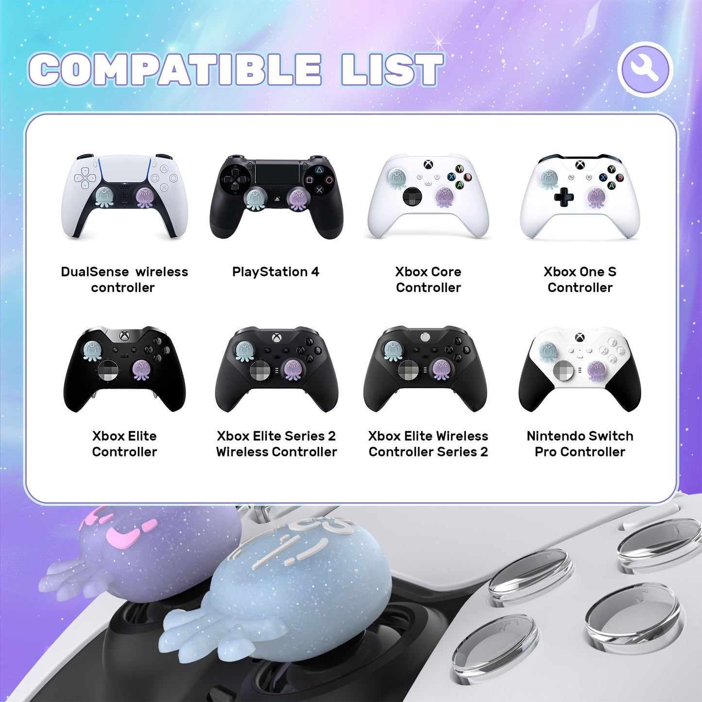PlayVital Cute Universal Illuminated LED Thumbstick Grips for ps5 & ps4 & Xbox Series X/S & Xbox One & Switch Pro Controller - Jellyfish Purple & Blue - PJM6002 PlayVital
