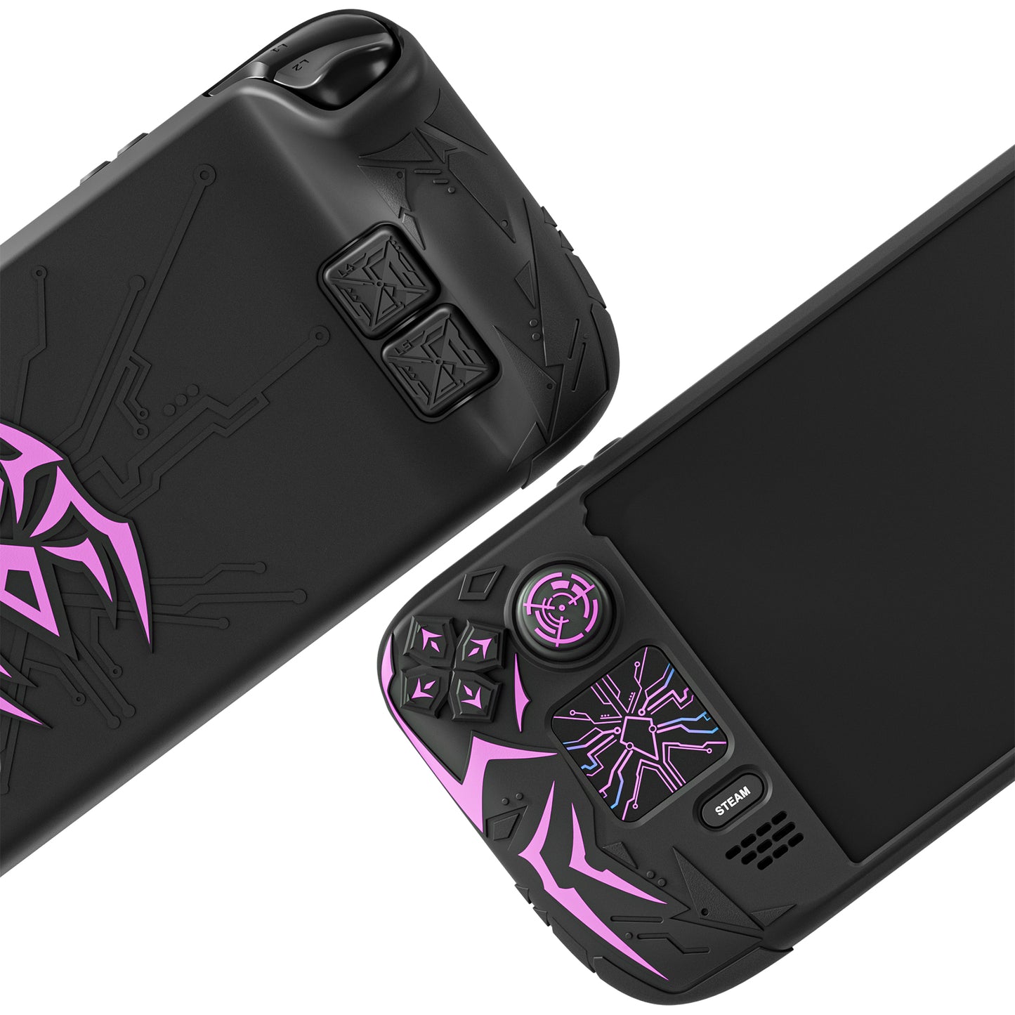 PlayVital サイバースパイダー シリコンケース Steam Deck OLED & LCD 対応 バックボタン拡張パーツ・サムスティックキャップ・トラックパッドスキン付き【ブラック】