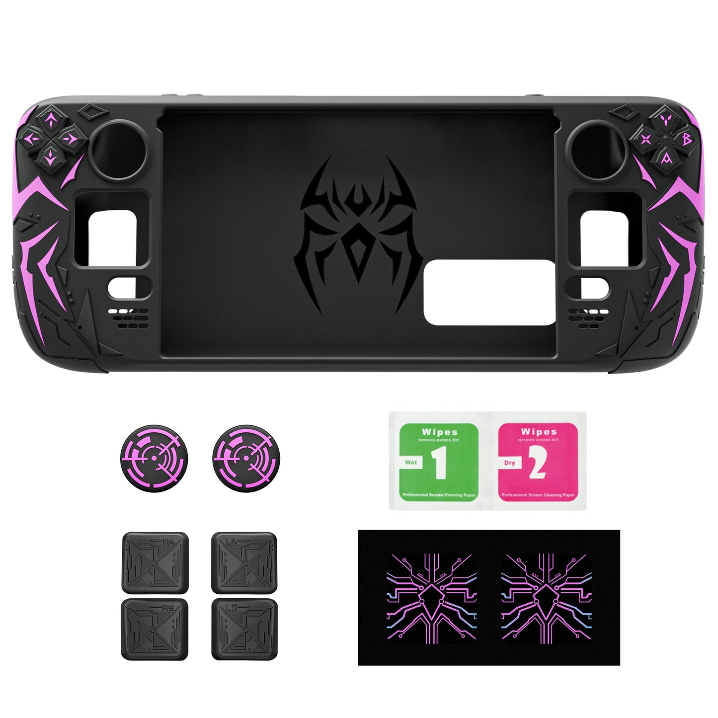 PlayVital サイバースパイダー シリコンケース Steam Deck OLED & LCD 対応 バックボタン拡張パーツ・サムスティックキャップ・トラックパッドスキン付き【ブラック】