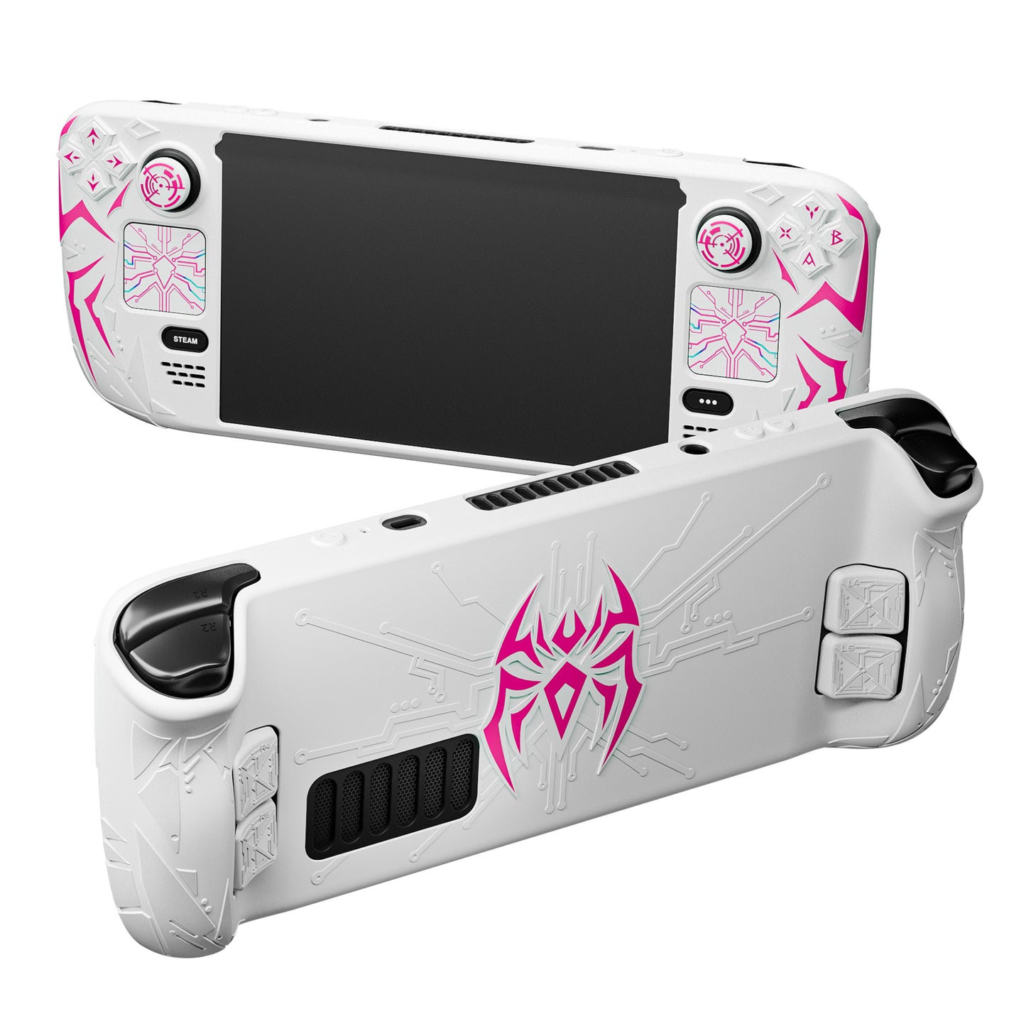 PlayVital サイバースパイダー シリコンケース Steam Deck OLED & LCD 対応 バックボタン拡張パーツ・サムスティックキャップ・トラックパッドスキン付き【ホワイト】