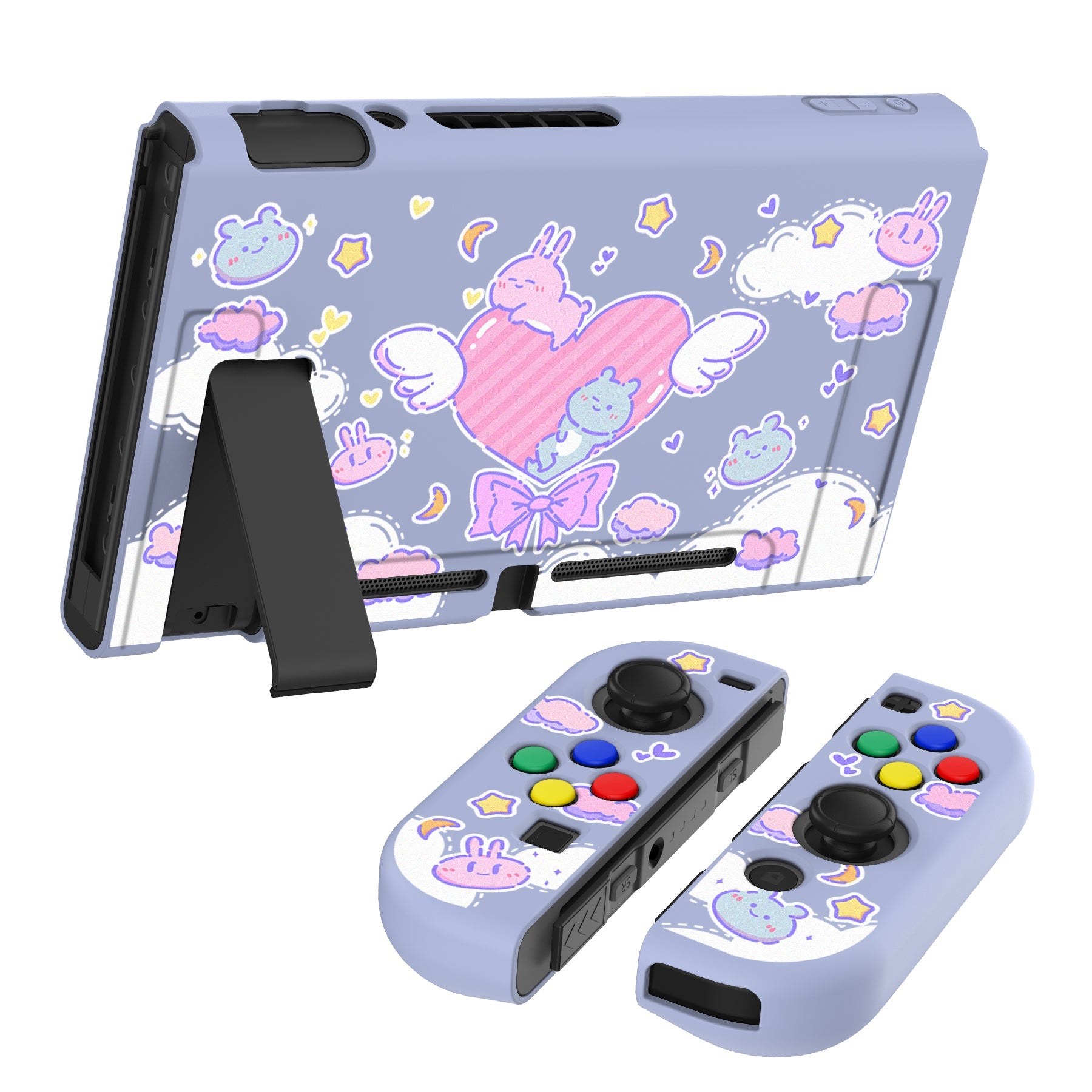 PlayVital Fantasy Bunny & Bear Protective Case for NS, Soft TPU Slim Case Cover for NS Joycon Console with Colorful ABXY Direction Button Caps - NTU6024G2 PlayVital