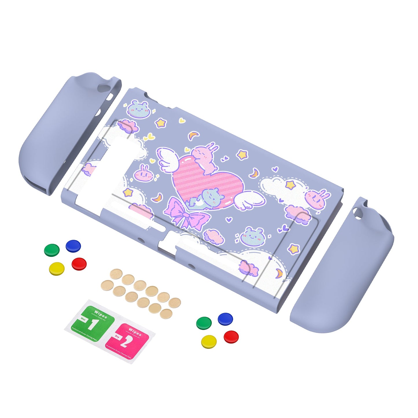 PlayVital Fantasy Bunny & Bear Protective Case for NS, Soft TPU Slim Case Cover for NS Joycon Console with Colorful ABXY Direction Button Caps - NTU6024G2 PlayVital