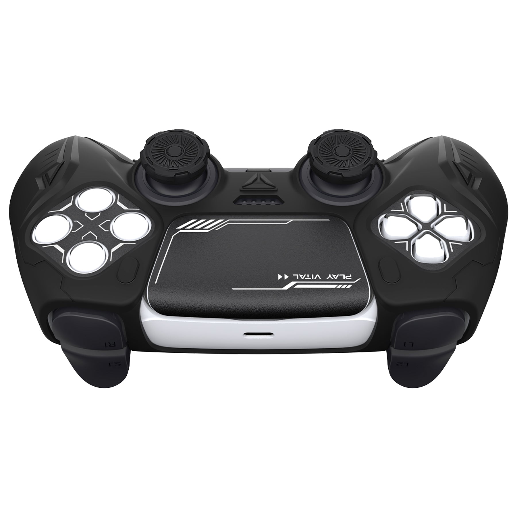 PlayVital Futuristic CyberMech Design Silicone Grip Skin with Thumb Grips for PS5 Wireless Controller, Compatible with PS5 Official Charging Dock - Black - CHXPFP001 PlayVital