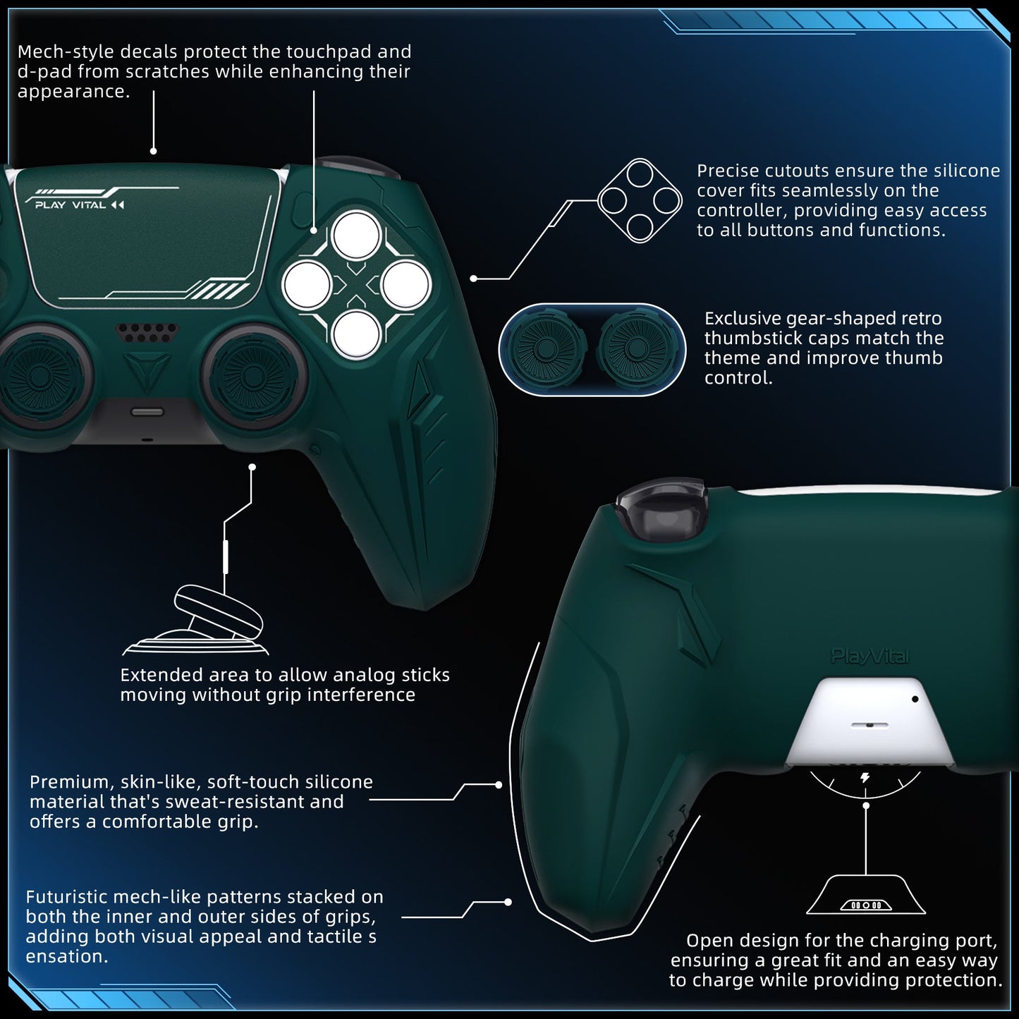 PlayVital Futuristic CyberMech Design Silicone Grip Skin with Thumb Grips for PS5 Wireless Controller, Compatible with PS5 Official Charging Dock - Black - CHXPFP001 (Copy) PlayVital