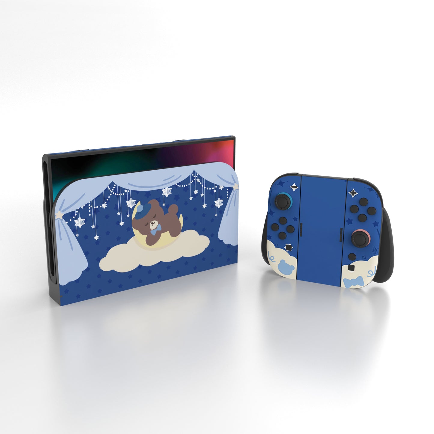 PlayVital Nintendo Switch 2（2025）本体・Joycon対応 Good Night Bear フルセット保護ステッカーシール カスタマイズ用ビニールステッカー ドック＆グリップスシール付き【ミッドナイトブルー】