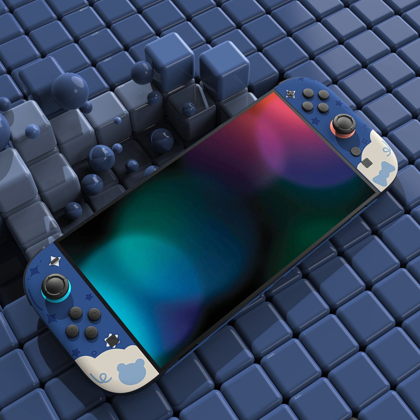 PlayVital Nintendo Switch 2（2025）本体・Joycon対応 Good Night Bear フルセット保護ステッカーシール カスタマイズ用ビニールステッカー ドック＆グリップスシール付き【ミッドナイトブルー】