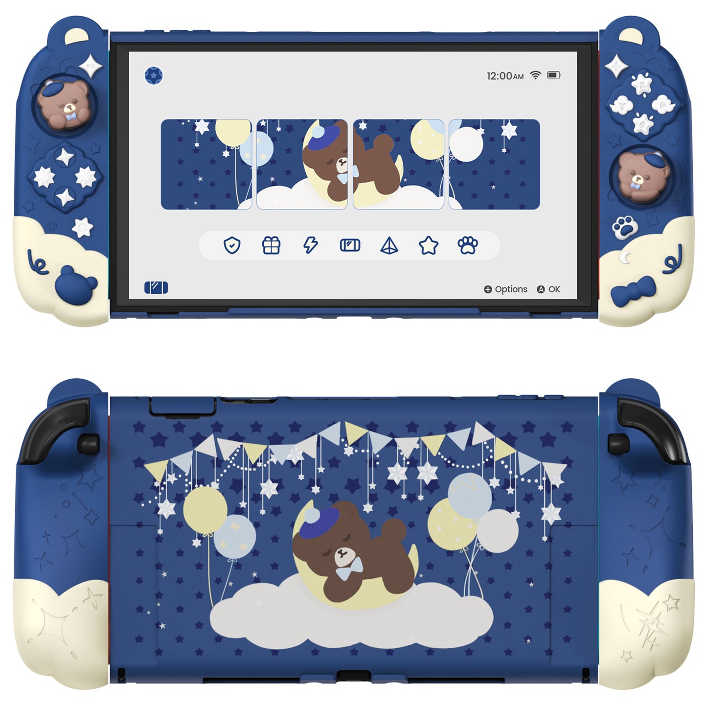PlayVital Good Night Bear Nintendo Switch 2（2025）対応保護カバーケース シリコン製セパレートグリップ+PC製ハードバックカバー 親指グリップキャップ付き 【ブルー】