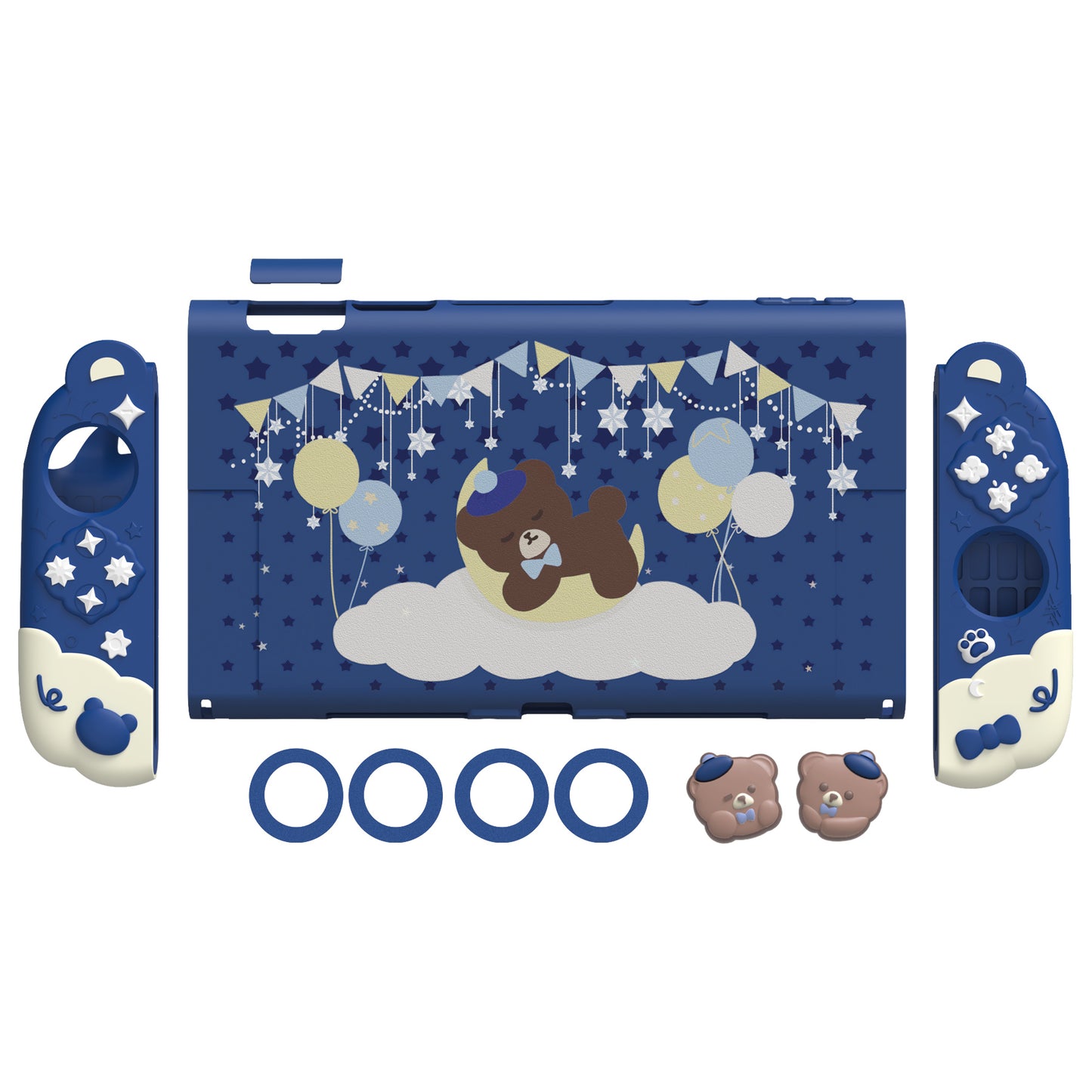 PlayVital Good Night Bear Nintendo Switch 2（2025）対応保護カバーケース シリコン製セパレートグリップ+PC製ハードバックカバー 親指グリップキャップ付き 【ブルー】