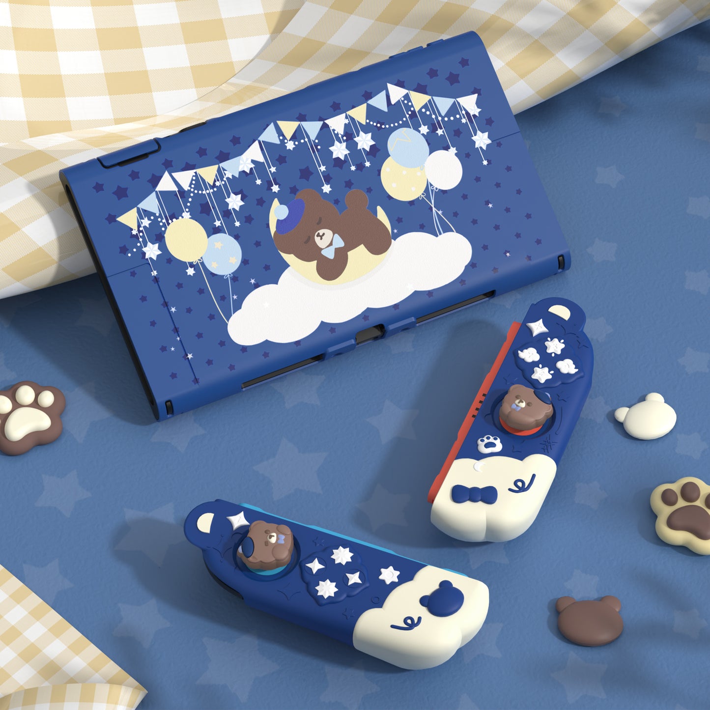PlayVital Good Night Bear Nintendo Switch 2（2025）対応保護カバーケース シリコン製セパレートグリップ+PC製ハードバックカバー 親指グリップキャップ付き 【ブルー】