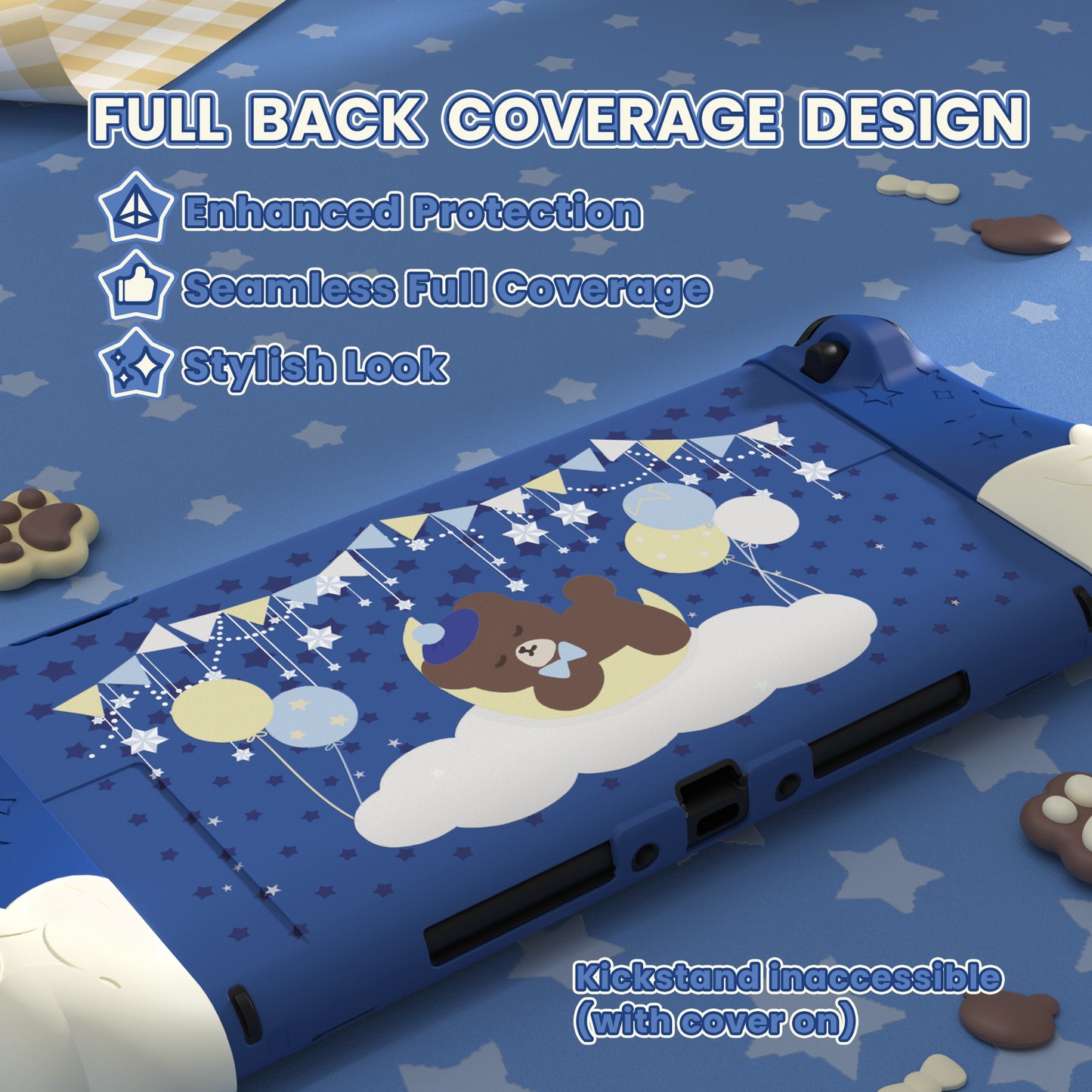 PlayVital Good Night Bear Nintendo Switch 2（2025）対応保護カバーケース シリコン製セパレートグリップ+PC製ハードバックカバー 親指グリップキャップ付き 【ブルー】