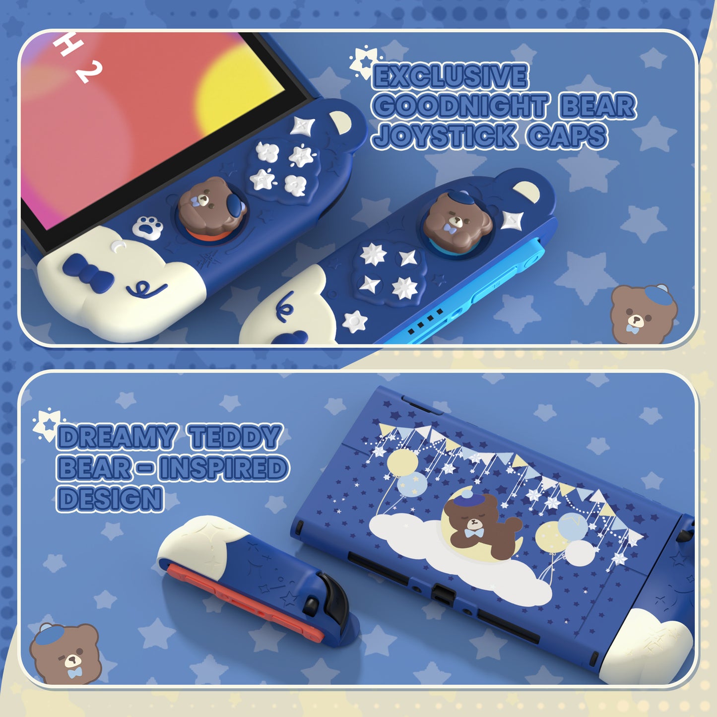 PlayVital Good Night Bear Nintendo Switch 2（2025）対応保護カバーケース シリコン製セパレートグリップ+PC製ハードバックカバー 親指グリップキャップ付き 【ブルー】