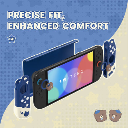 PlayVital Good Night Bear Nintendo Switch 2（2025）対応保護カバーケース シリコン製セパレートグリップ+PC製ハードバックカバー 親指グリップキャップ付き 【ブルー】
