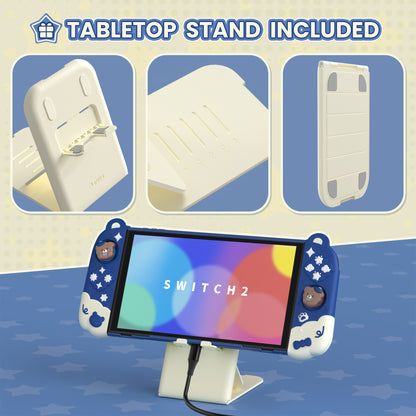 PlayVital Good Night Bear Nintendo Switch 2（2025）対応保護カバーケース シリコン製セパレートグリップ+PC製ハードバックカバー 親指グリップキャップ付き 【ブルー】