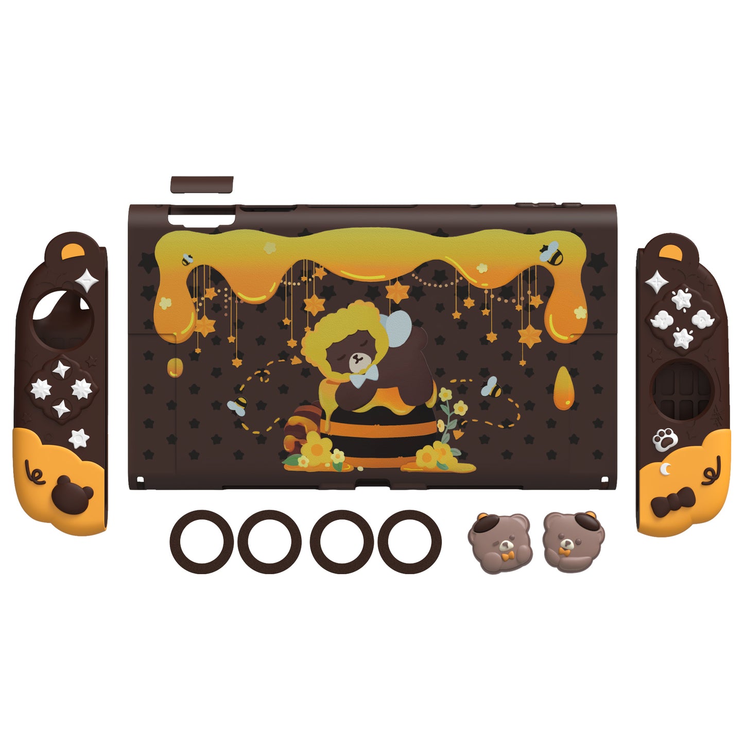 PlayVital Good Night Bear Nintendo Switch 2（2025）対応保護カバーケース シリコン製セパレートグリップ+PC製ハードバックカバー 親指グリップキャップ付き 【茶色】