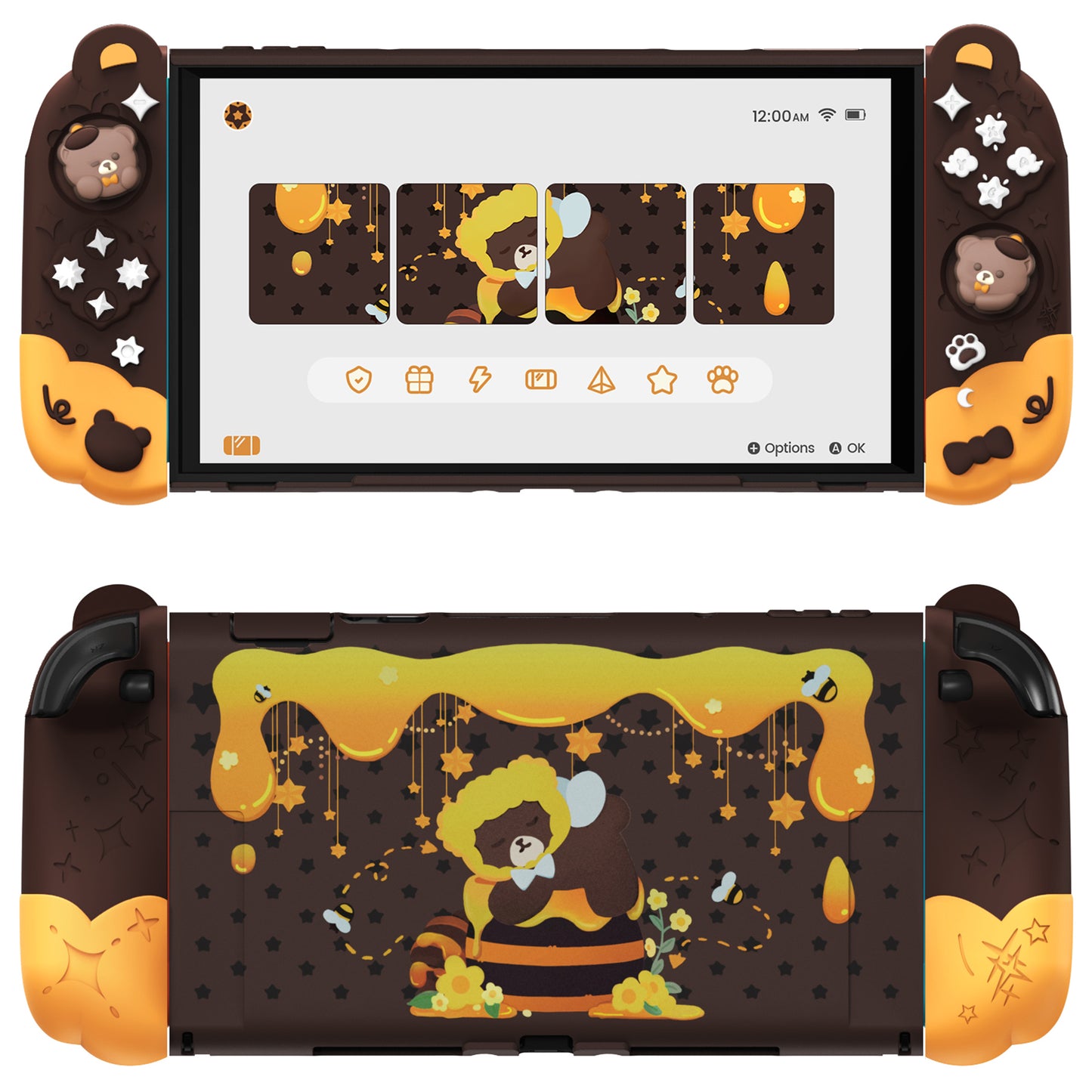 PlayVital Good Night Bear Nintendo Switch 2（2025）対応保護カバーケース シリコン製セパレートグリップ+PC製ハードバックカバー 親指グリップキャップ付き 【茶色】