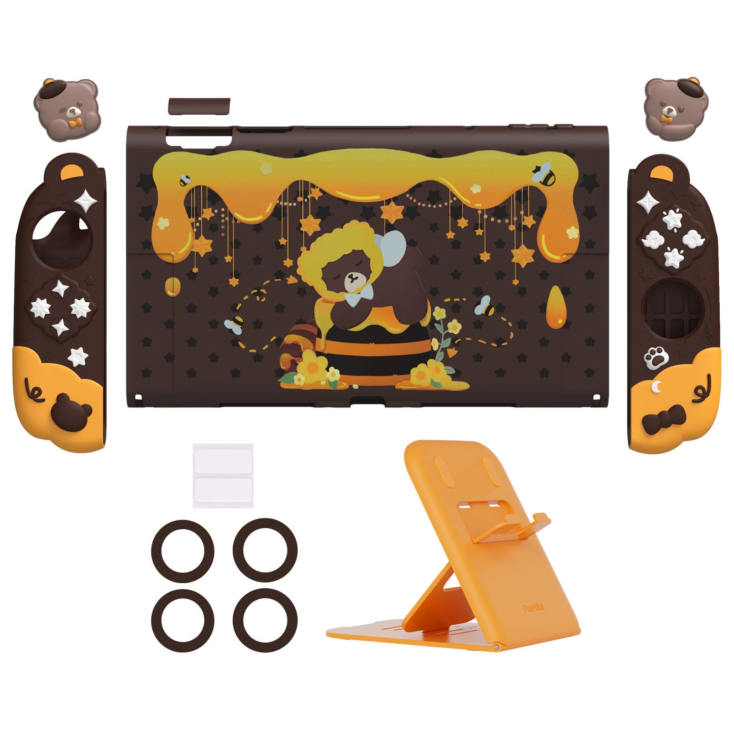 PlayVital Good Night Bear Nintendo Switch 2（2025）対応保護カバーケース シリコン製セパレートグリップ+PC製ハードバックカバー 親指グリップキャップ付き 【茶色】
