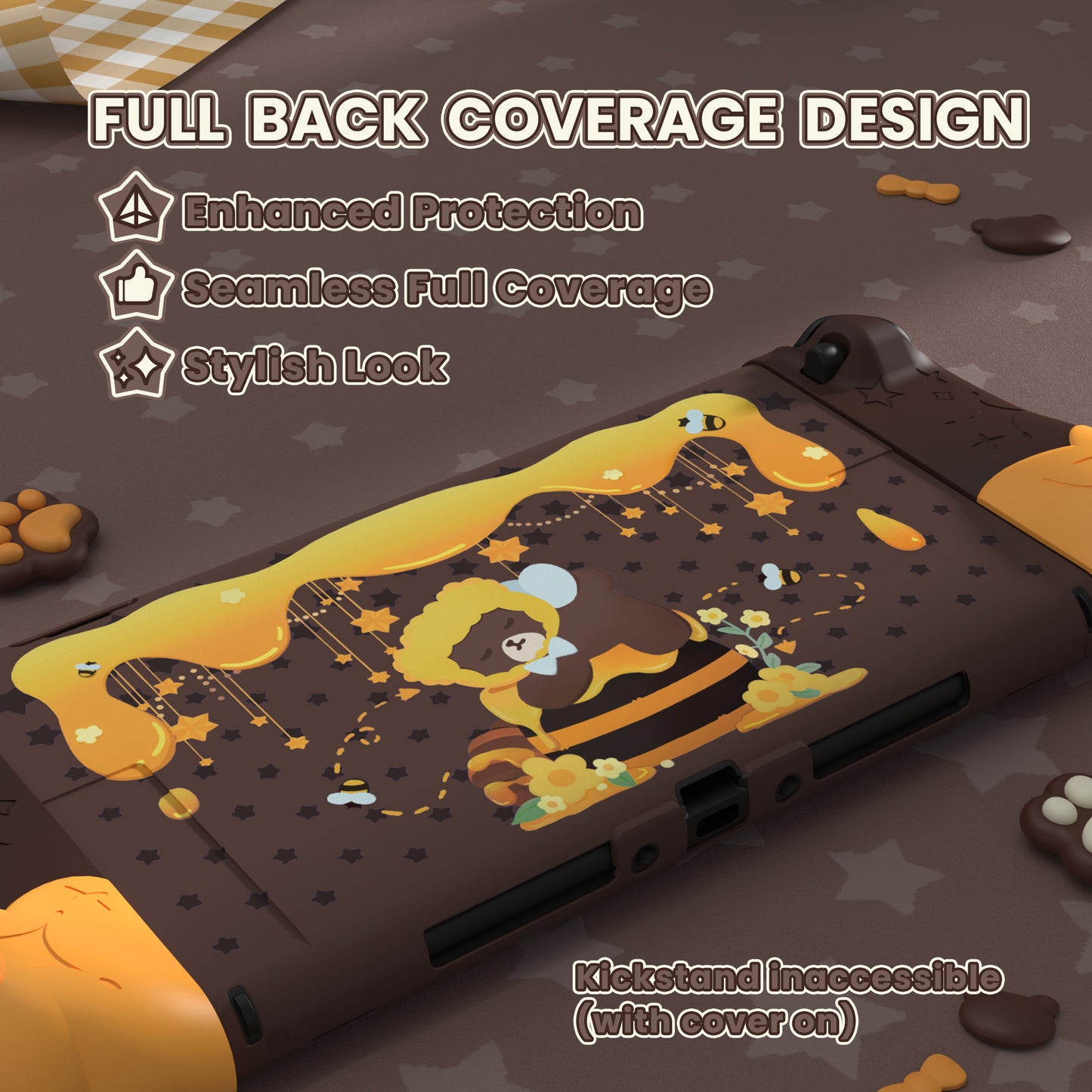PlayVital Good Night Bear Nintendo Switch 2（2025）対応保護カバーケース シリコン製セパレートグリップ+PC製ハードバックカバー 親指グリップキャップ付き 【茶色】