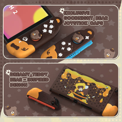 PlayVital Good Night Bear Nintendo Switch 2（2025）対応保護カバーケース シリコン製セパレートグリップ+PC製ハードバックカバー 親指グリップキャップ付き 【茶色】